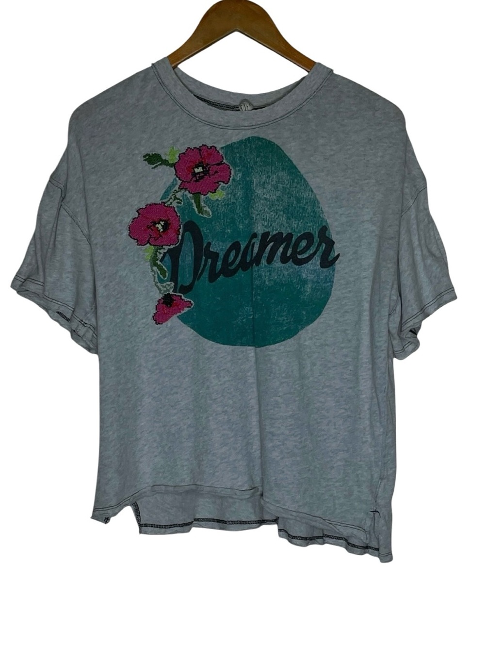 We The Free Distressed Size Large Embroidered Floral Top